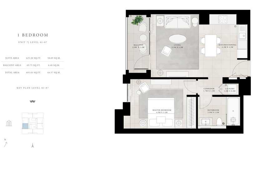 1-Bed, Unit-7, Level-1-7, Total-Area-695.03-sq.ft